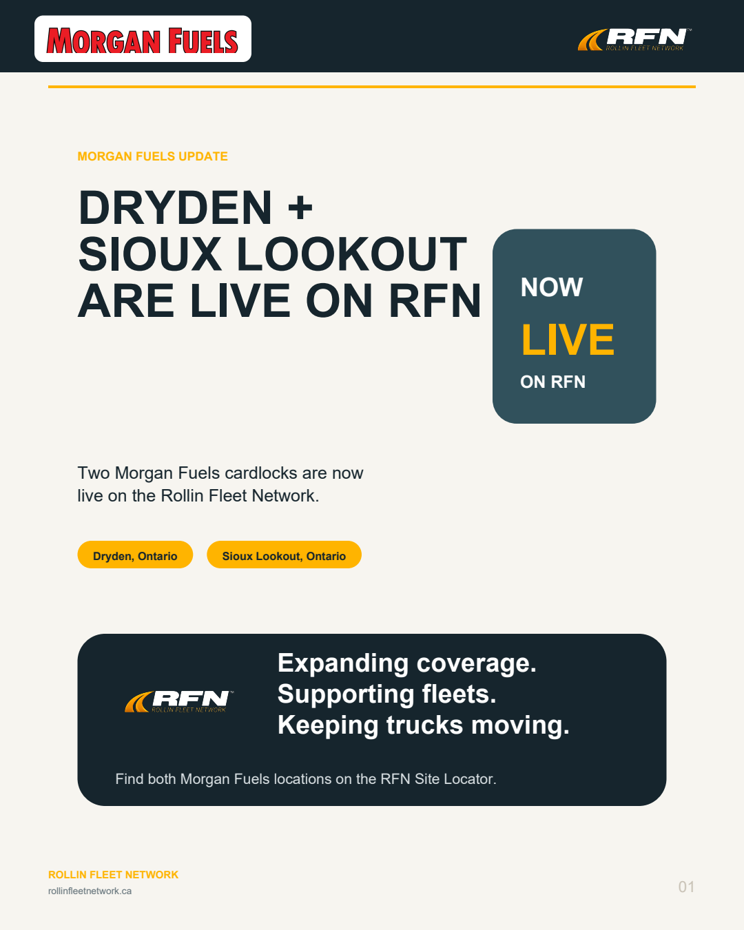 Morgan Fuels Dryden and Sioux Lookout are live on RFN