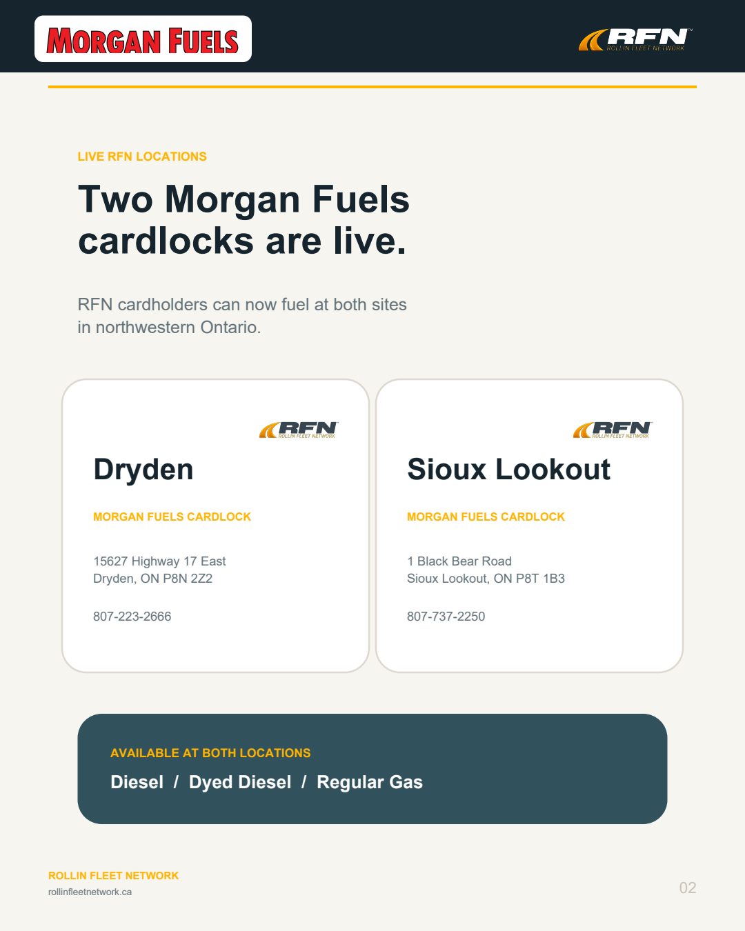Morgan Fuels Dryden and Sioux Lookout site details and available products